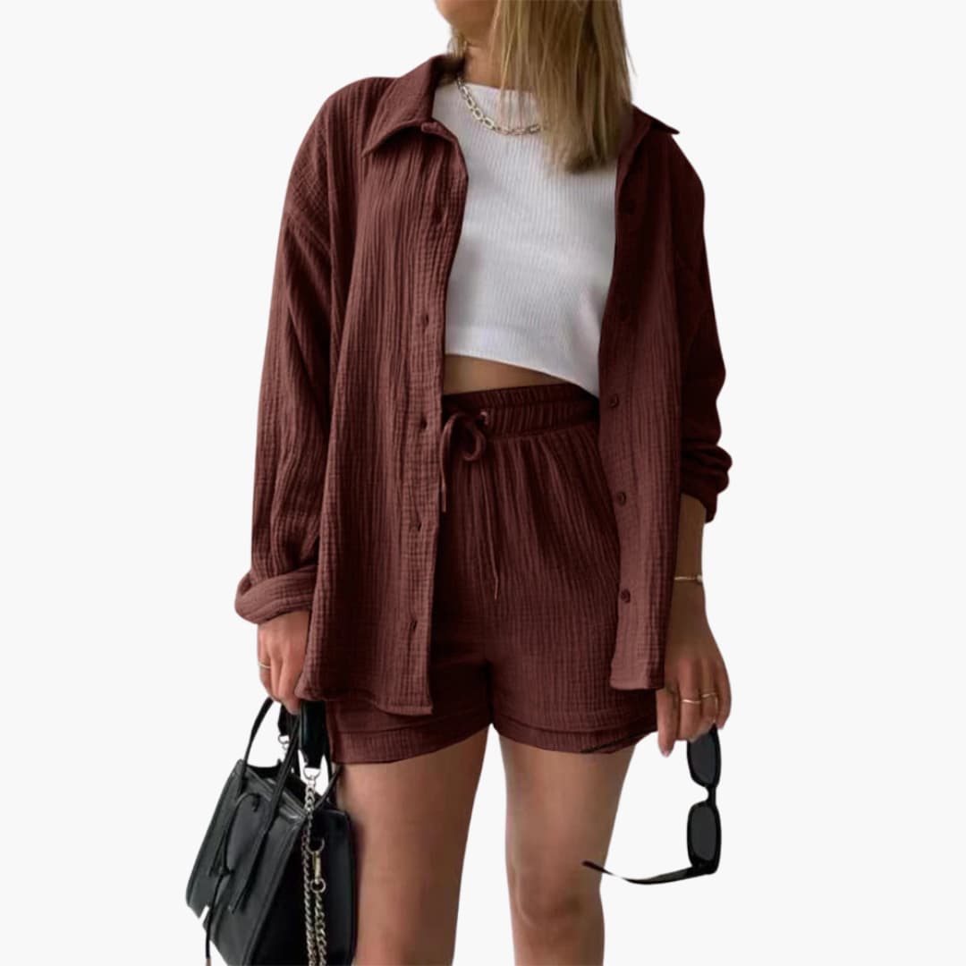 Lara - Bekväm Lös Button Top Och Kort 2-delat Set