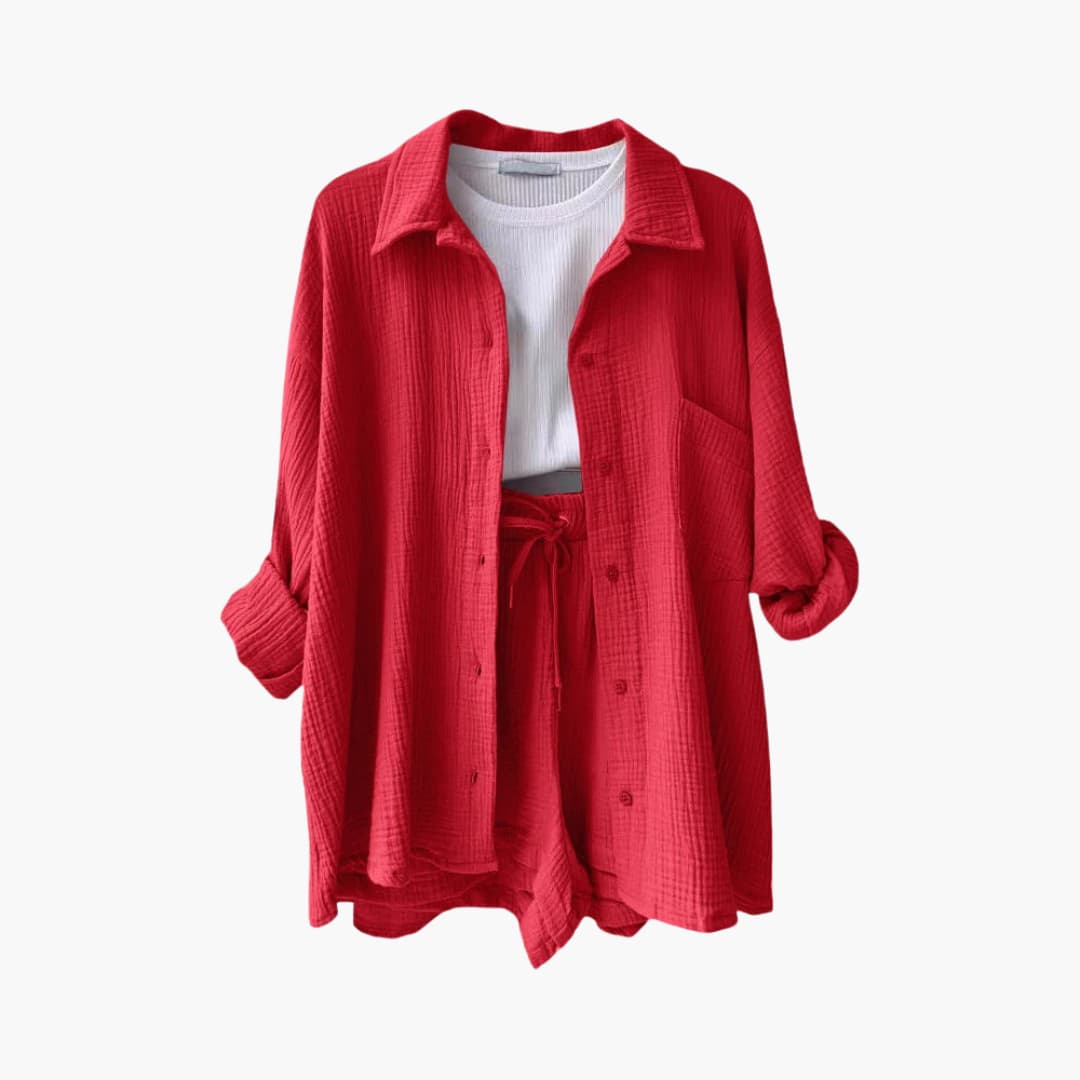 Lara - Bekväm Lös Button Top Och Kort 2-delat Set