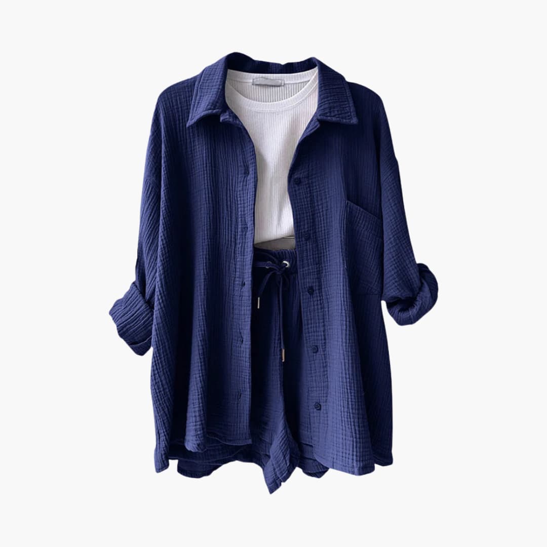 Lara - Bekväm Lös Button Top Och Kort 2-delat Set