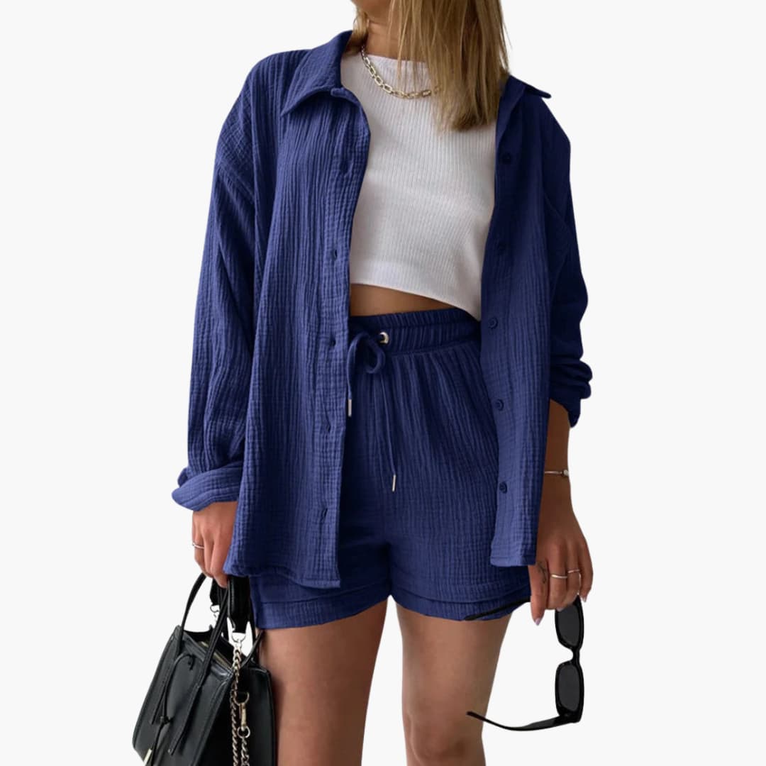 Lara - Bekväm Lös Button Top Och Kort 2-delat Set