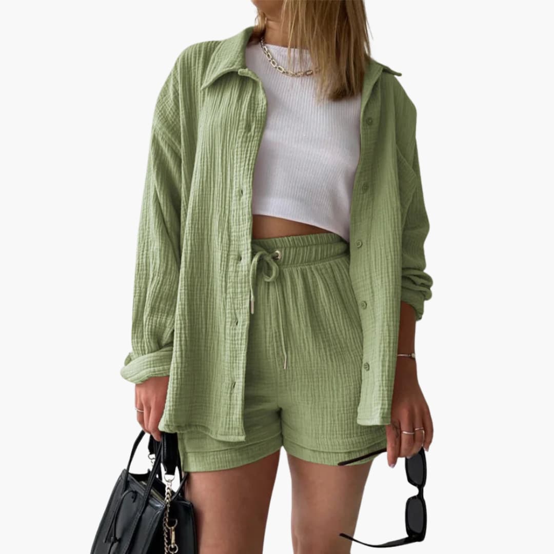 Lara - Bekväm Lös Button Top Och Kort 2-delat Set