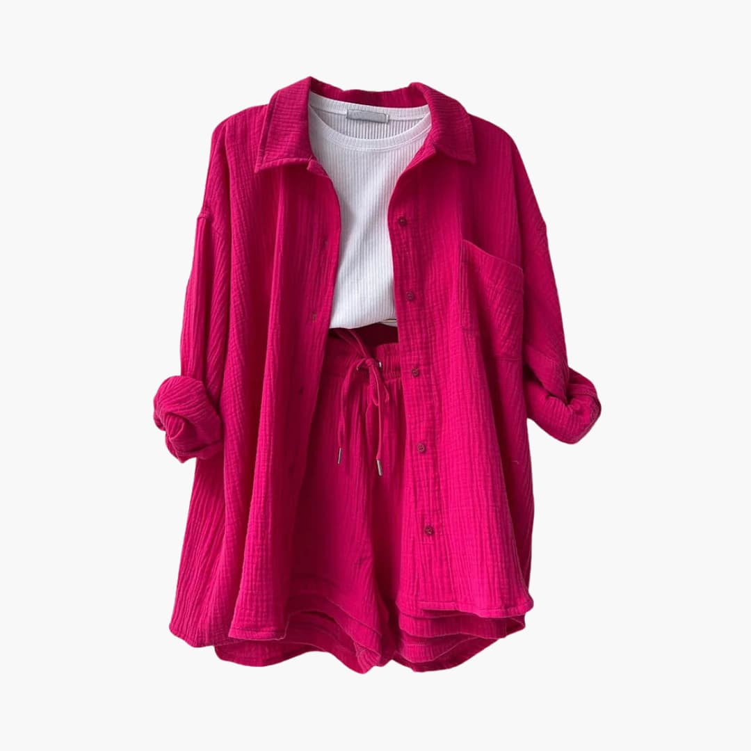 Lara - Bekväm Lös Button Top Och Kort 2-delat Set