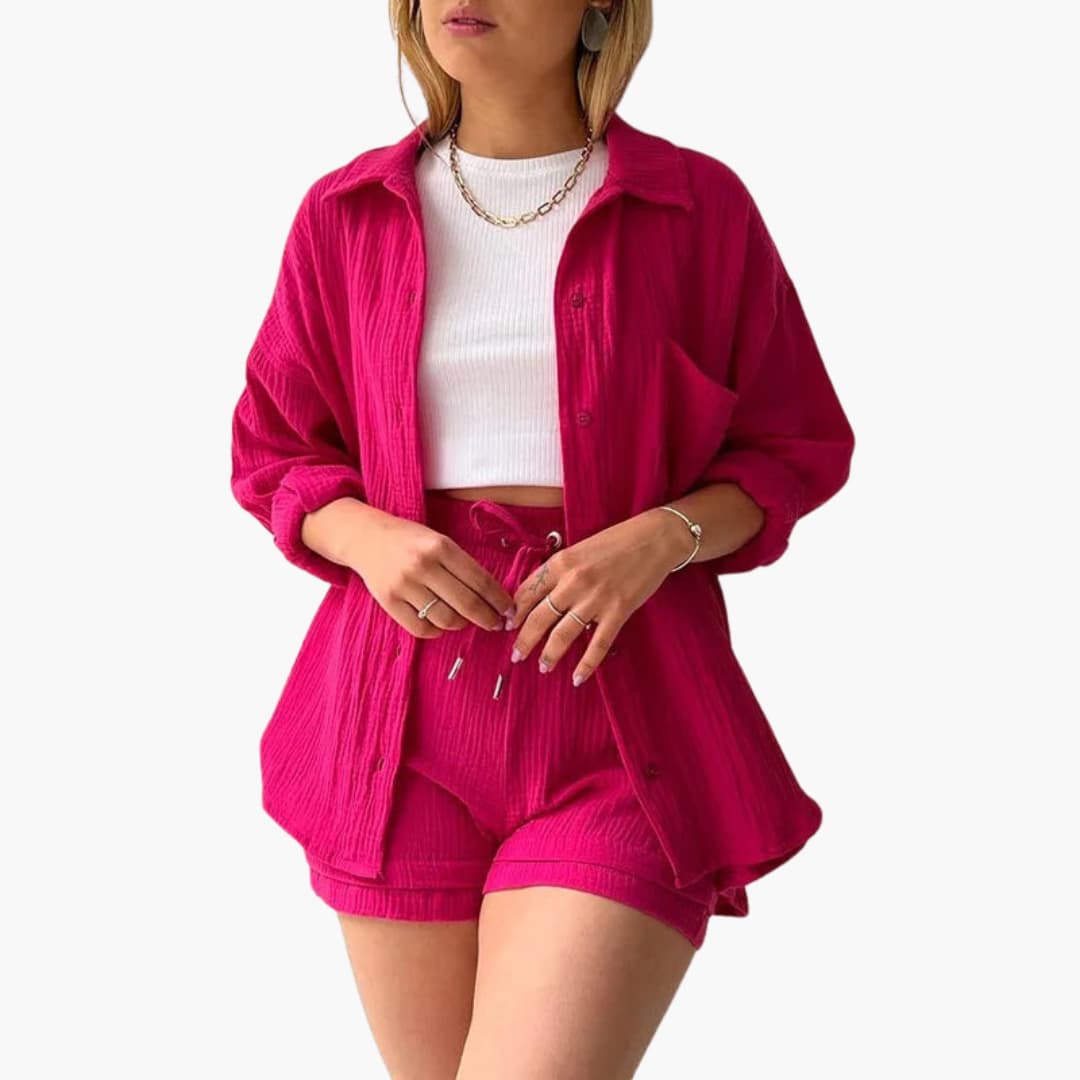 Lara - Bekväm Lös Button Top Och Kort 2-delat Set