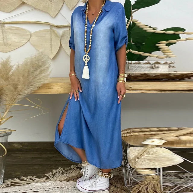 Elva - Lång Jeanslook Klänning med Slits