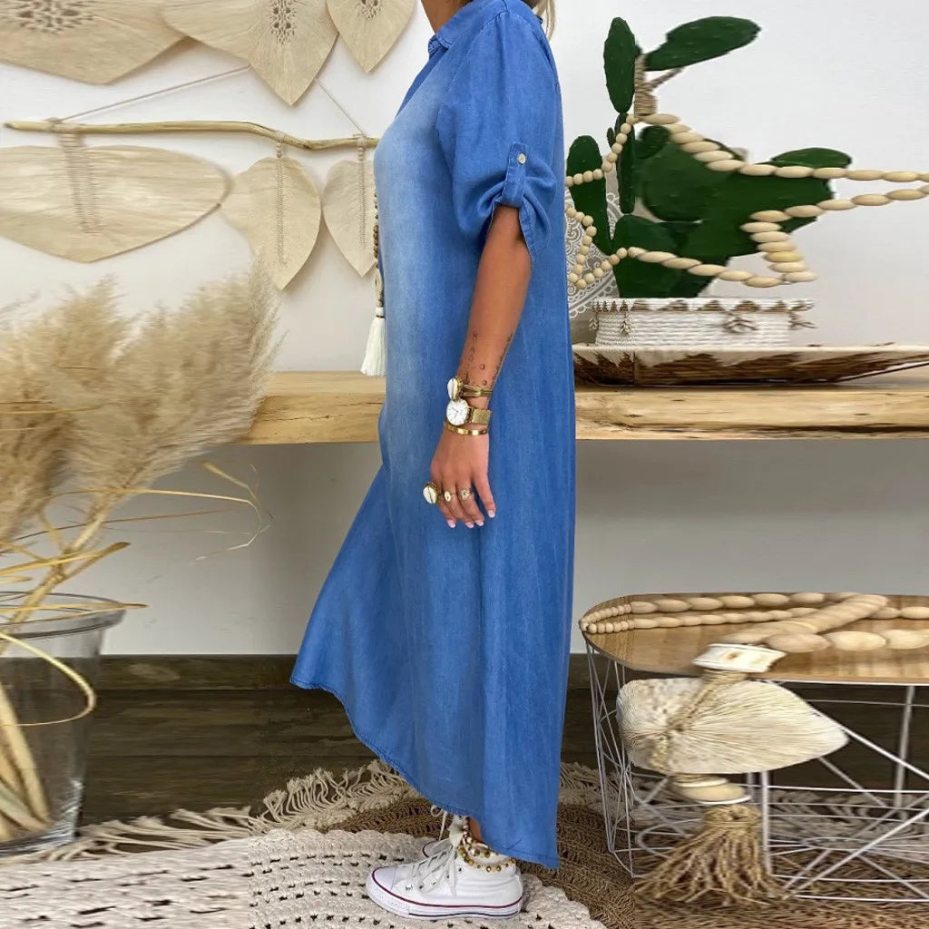 Elva - Lång Jeanslook Klänning med Slits