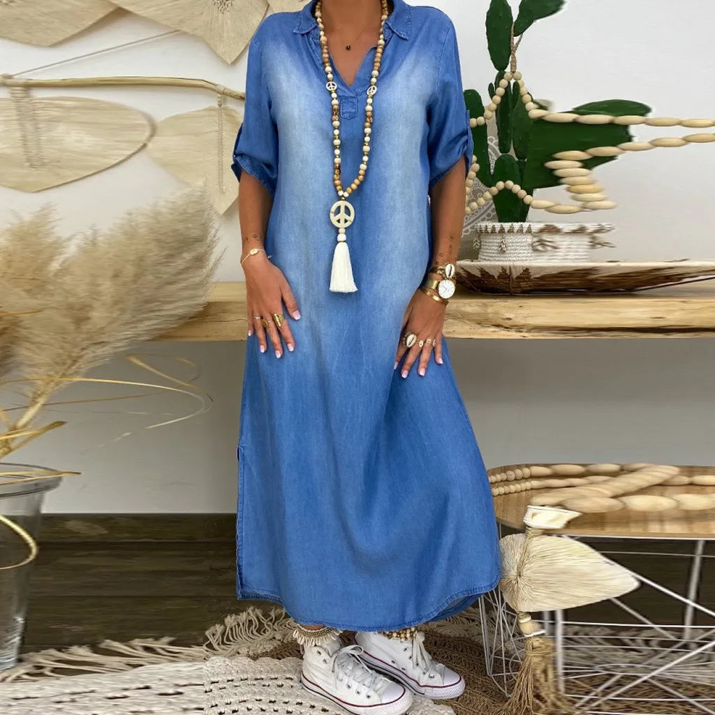 Elva - Lång Jeanslook Klänning med Slits