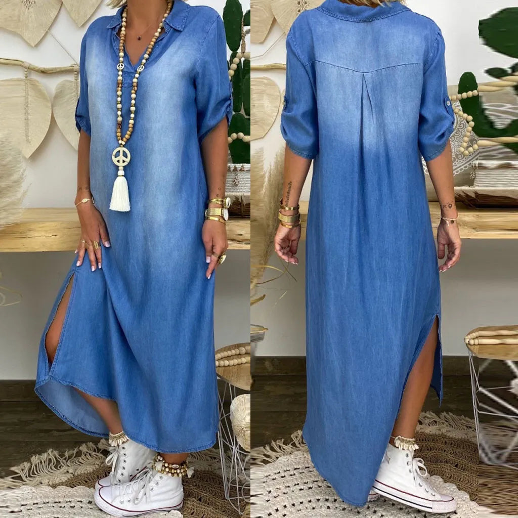 Elva - Lång Jeanslook Klänning med Slits