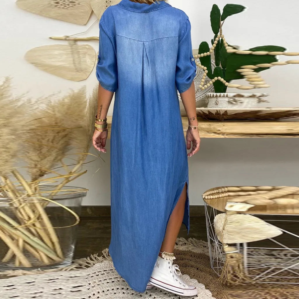 Elva - Lång Jeanslook Klänning med Slits
