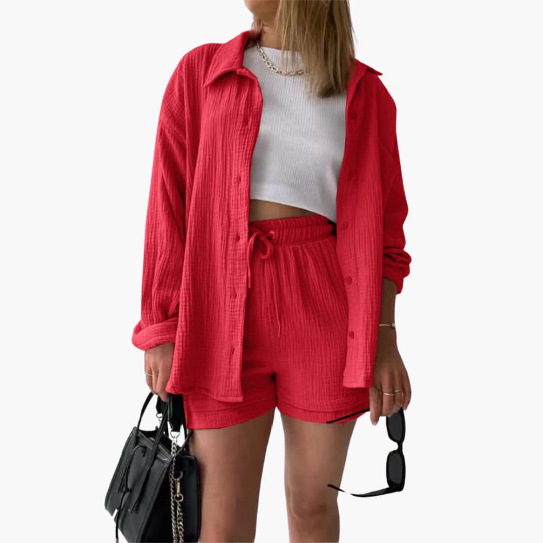 Lara - Bekväm Lös Button Top Och Kort 2-delat Set