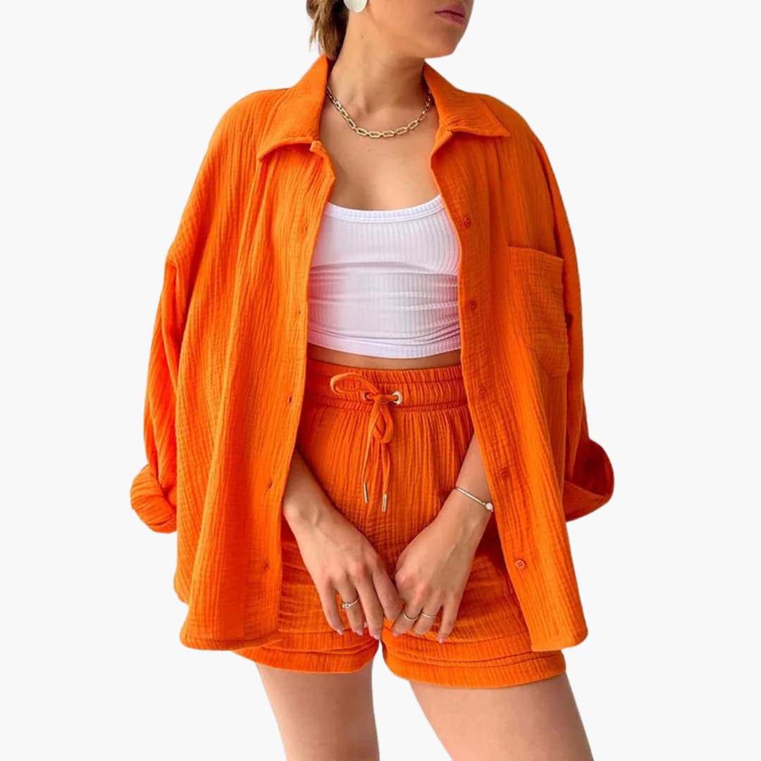 Lara - Bekväm Lös Button Top Och Kort 2-delat Set