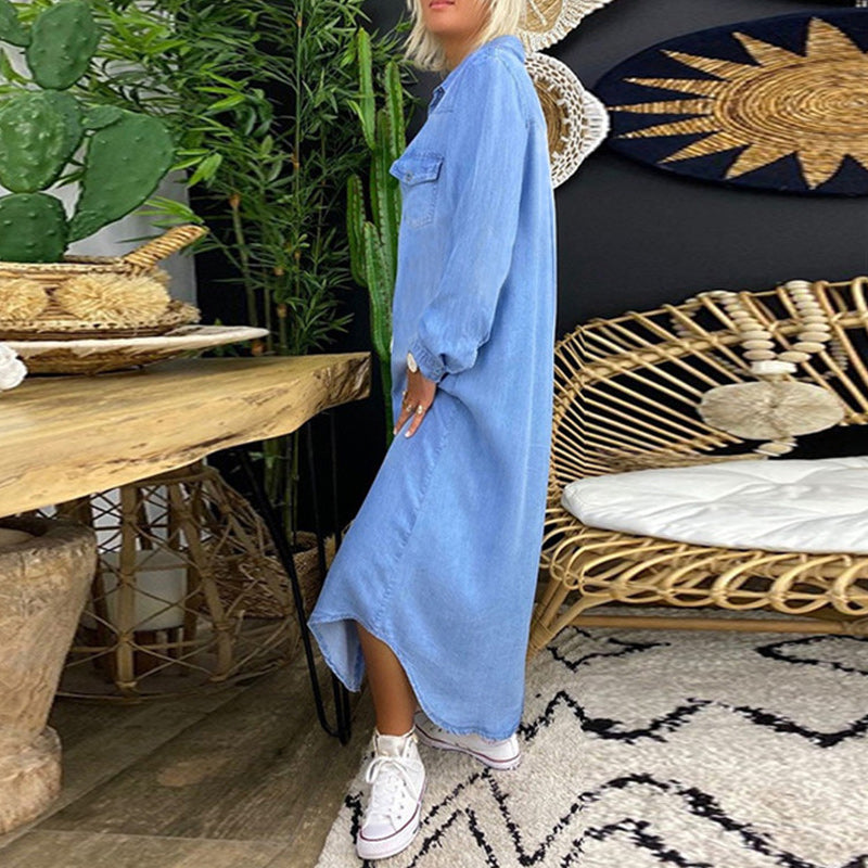 Sarah - Avslappnad Långärmad Maxiklänning i Denim