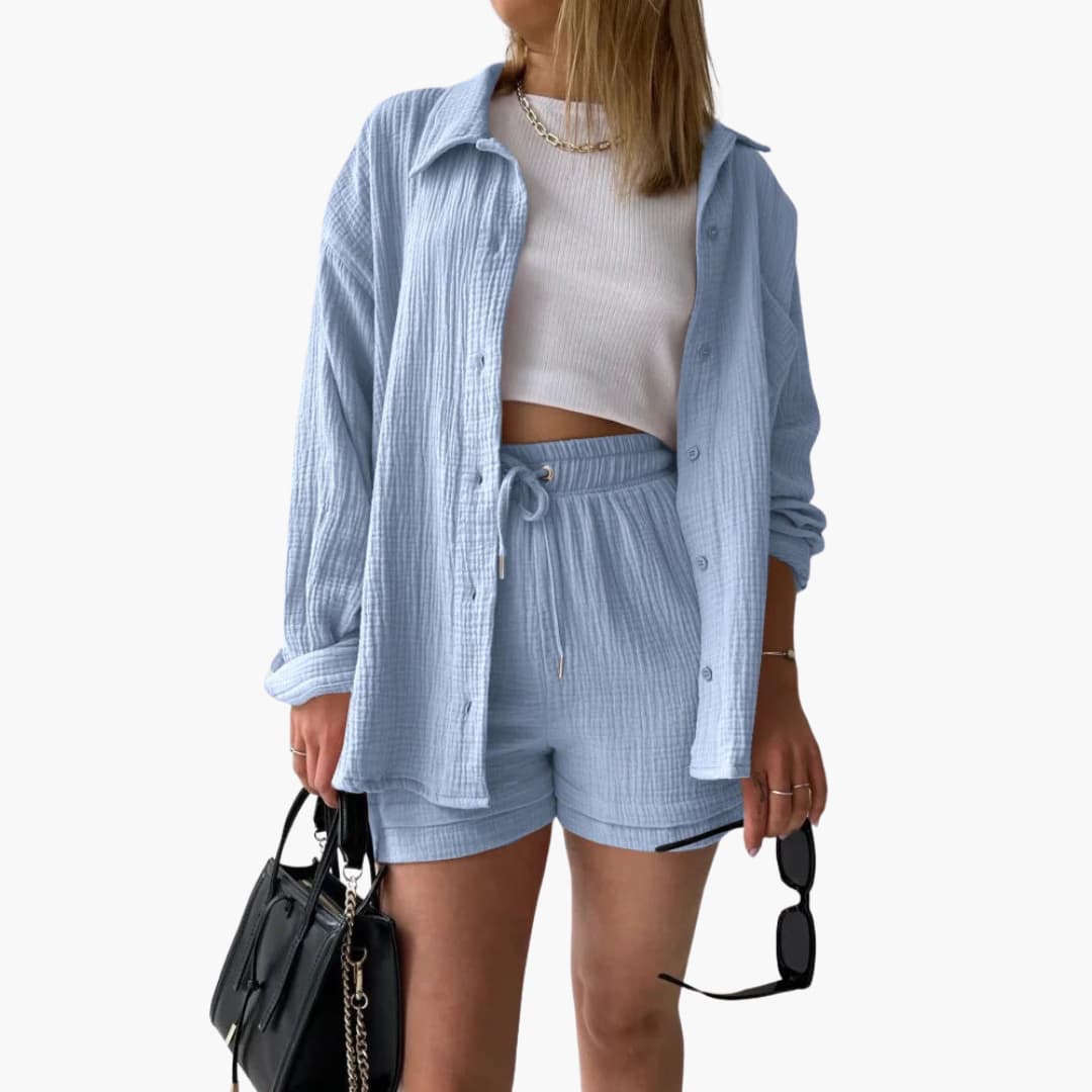 Lara - Bekväm Lös Button Top Och Kort 2-delat Set