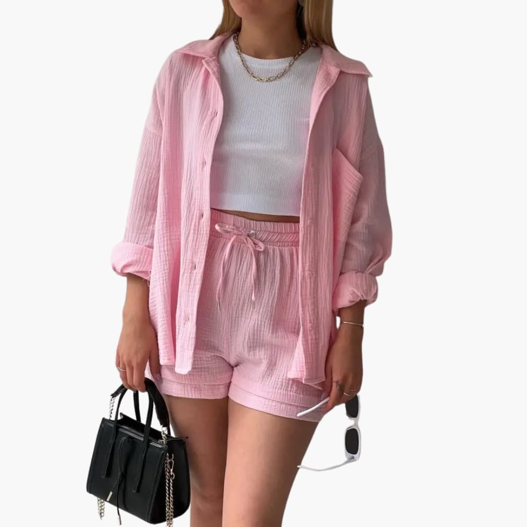 Lara - Bekväm Lös Button Top Och Kort 2-delat Set