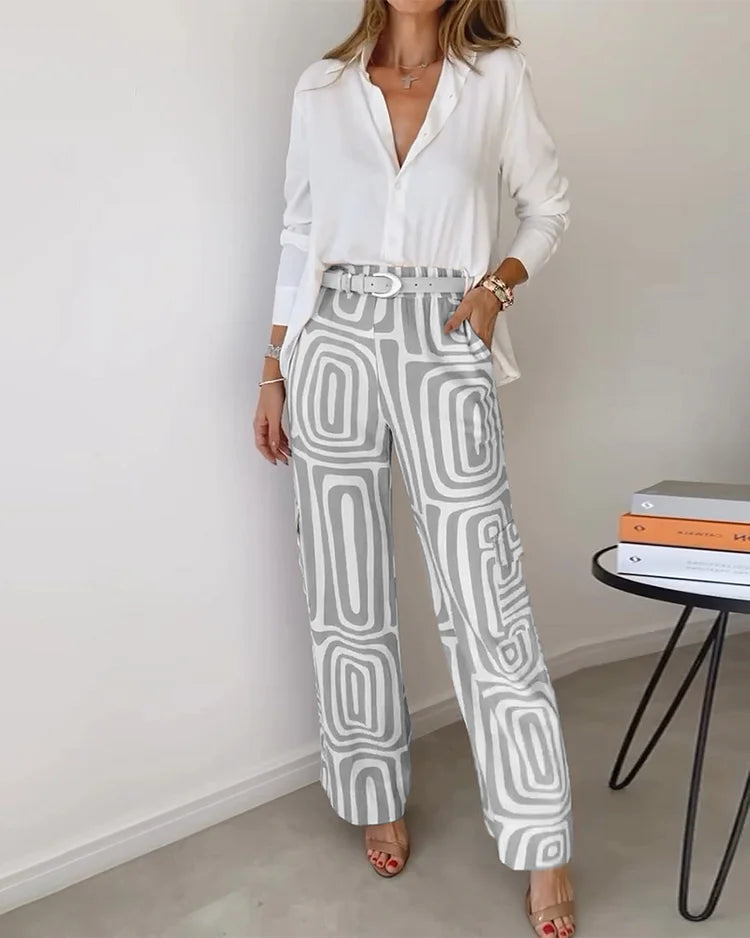 Saskia - Elegant Modern Blus och Vida Byxor 2-Delat Set + GRATIS Bälte