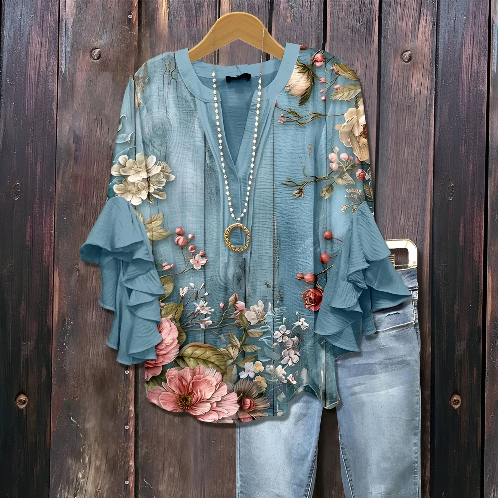 Vireya - Ledig Blus med Bladmotiv