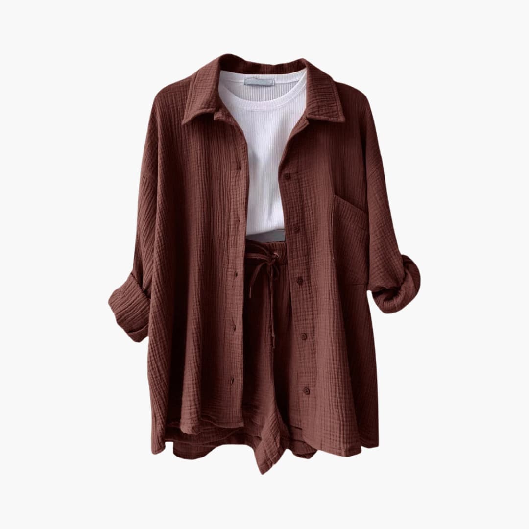 Lara - Bekväm Lös Button Top Och Kort 2-delat Set
