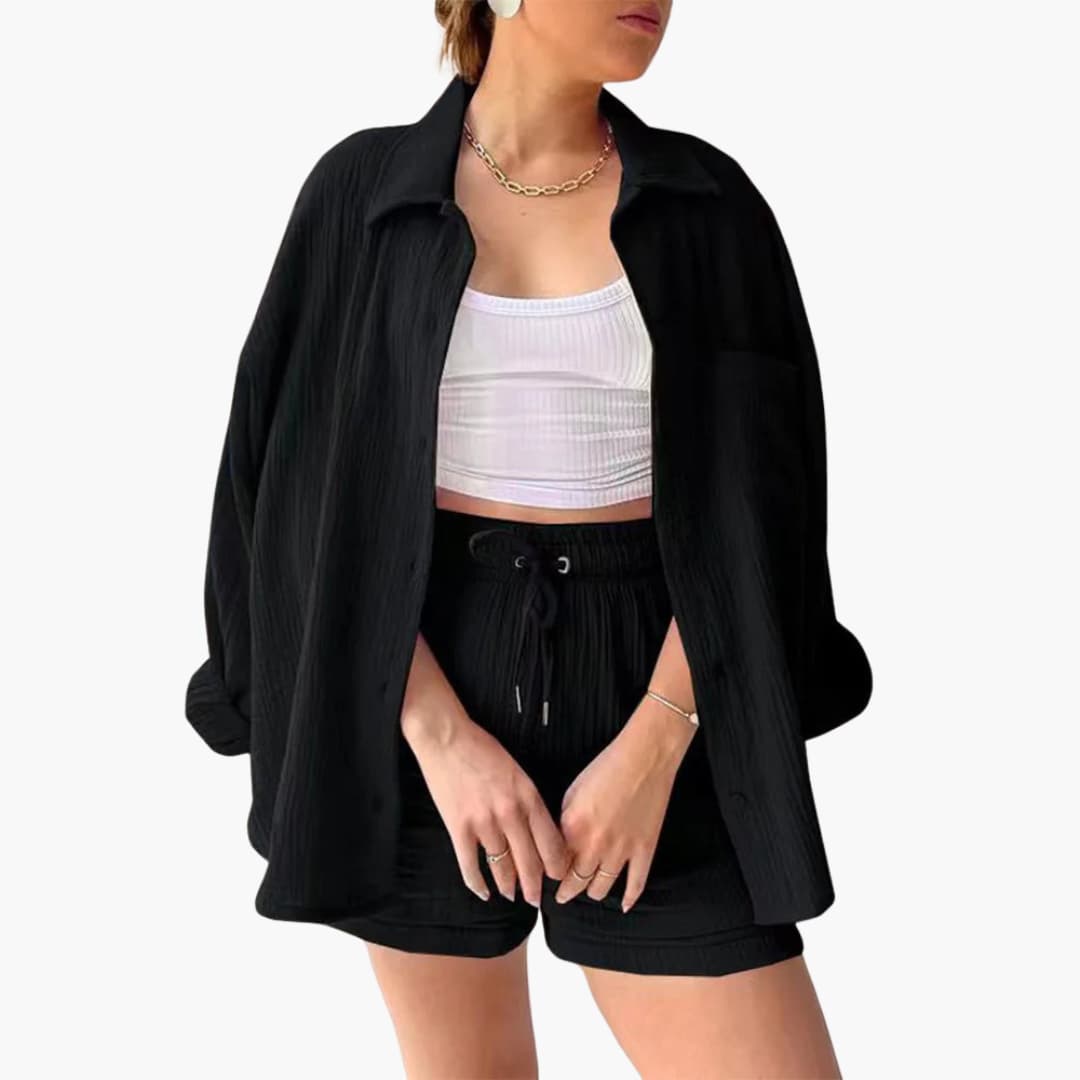 Lara - Bekväm Lös Button Top Och Kort 2-delat Set
