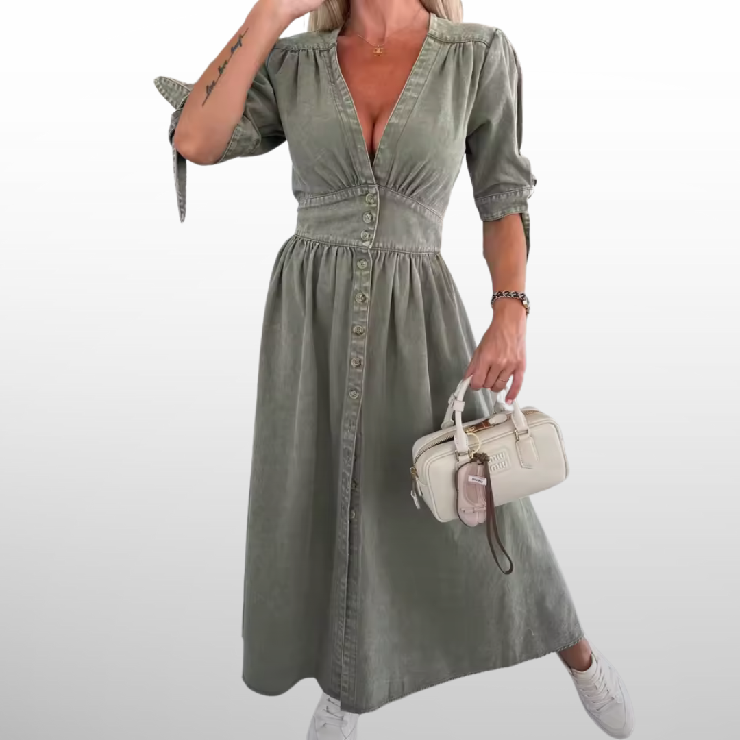 Camille - legant Vintage Jeansklänning med Knappar