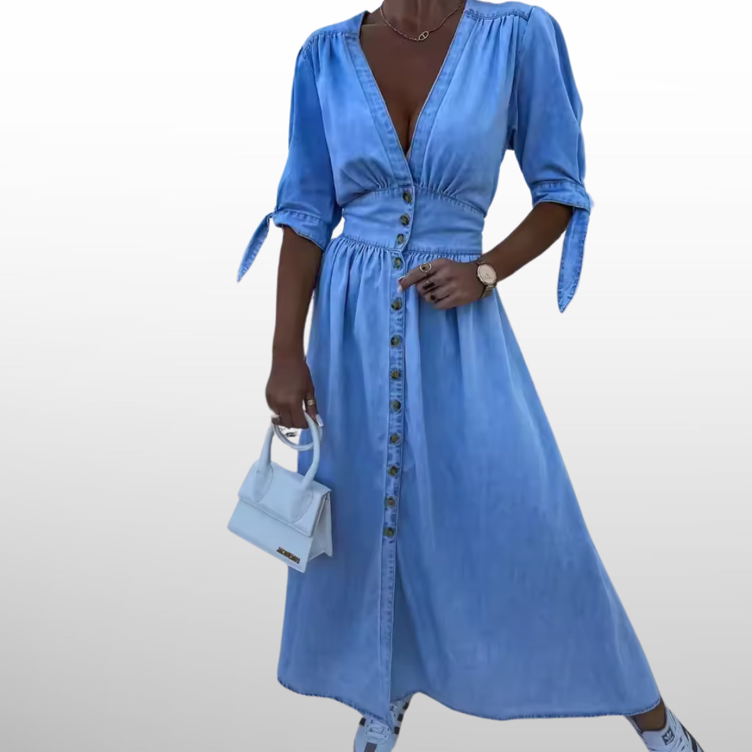 Camille - legant Vintage Jeansklänning med Knappar