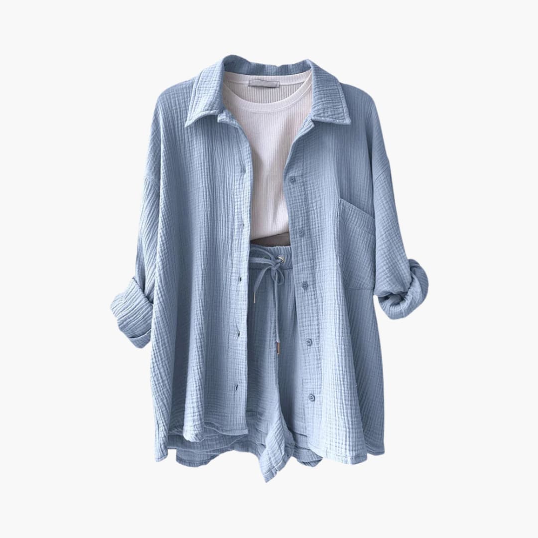 Lara - Bekväm Lös Button Top Och Kort 2-delat Set