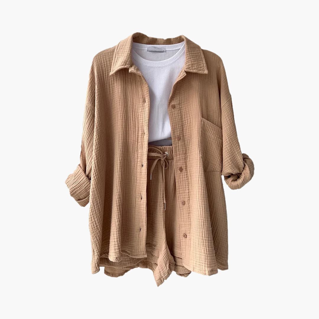 Lara - Bekväm Lös Button Top Och Kort 2-delat Set