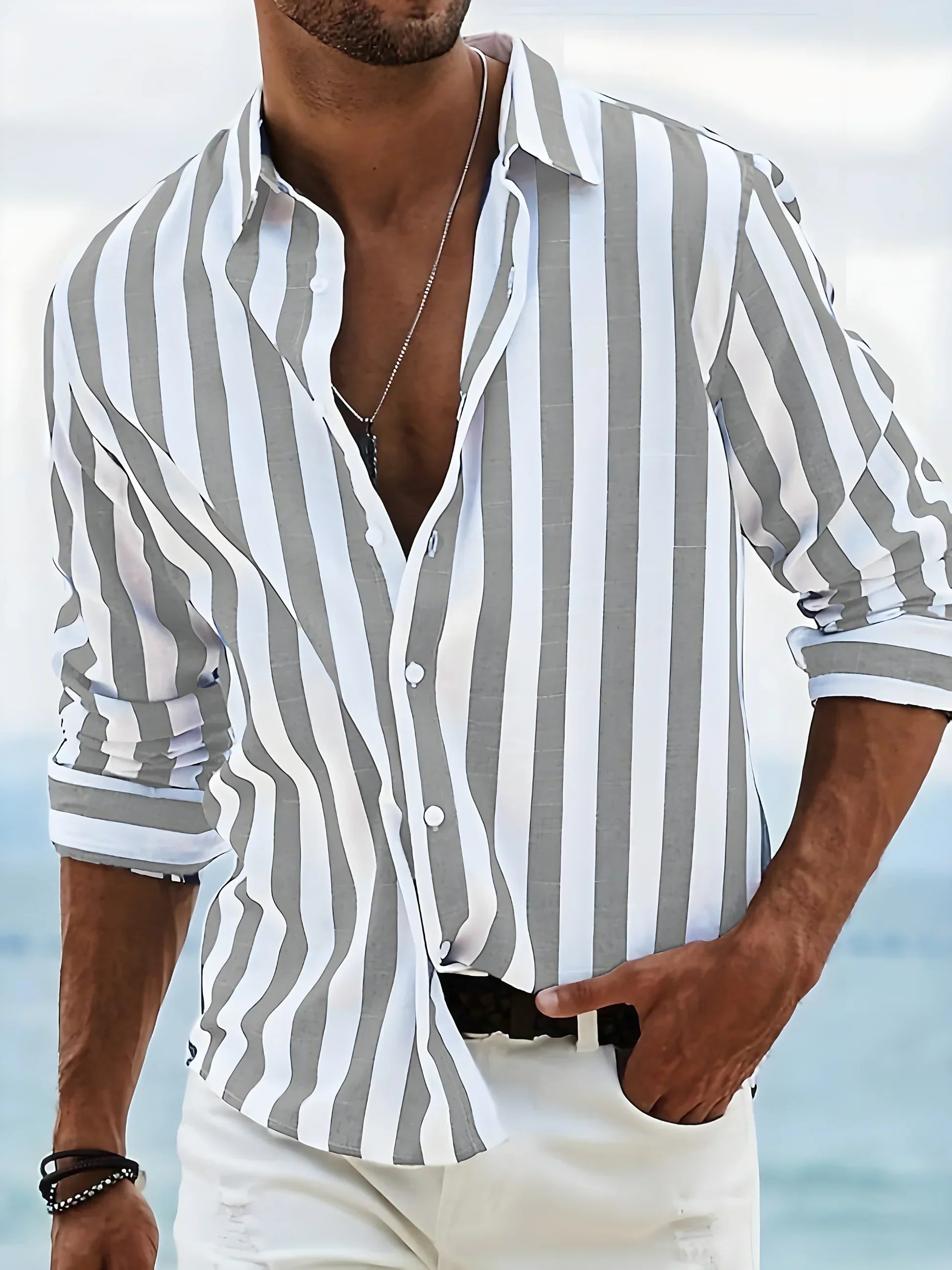 Oskar  - Randig Skjorta i Linneblandning för Sommaren