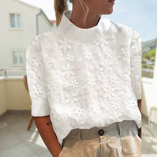 Cécile – Elegant Broderad Sommarblus med Stilren Ståkrage