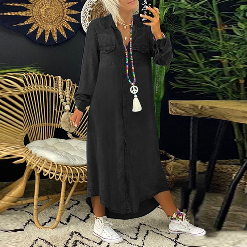 Sarah - Avslappnad Långärmad Maxiklänning i Denim