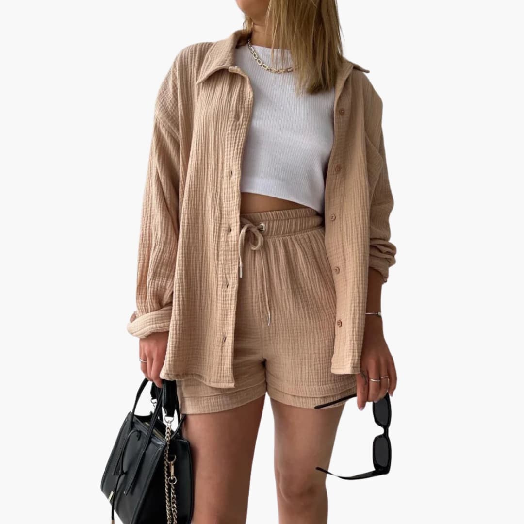 Lara - Bekväm Lös Button Top Och Kort 2-delat Set