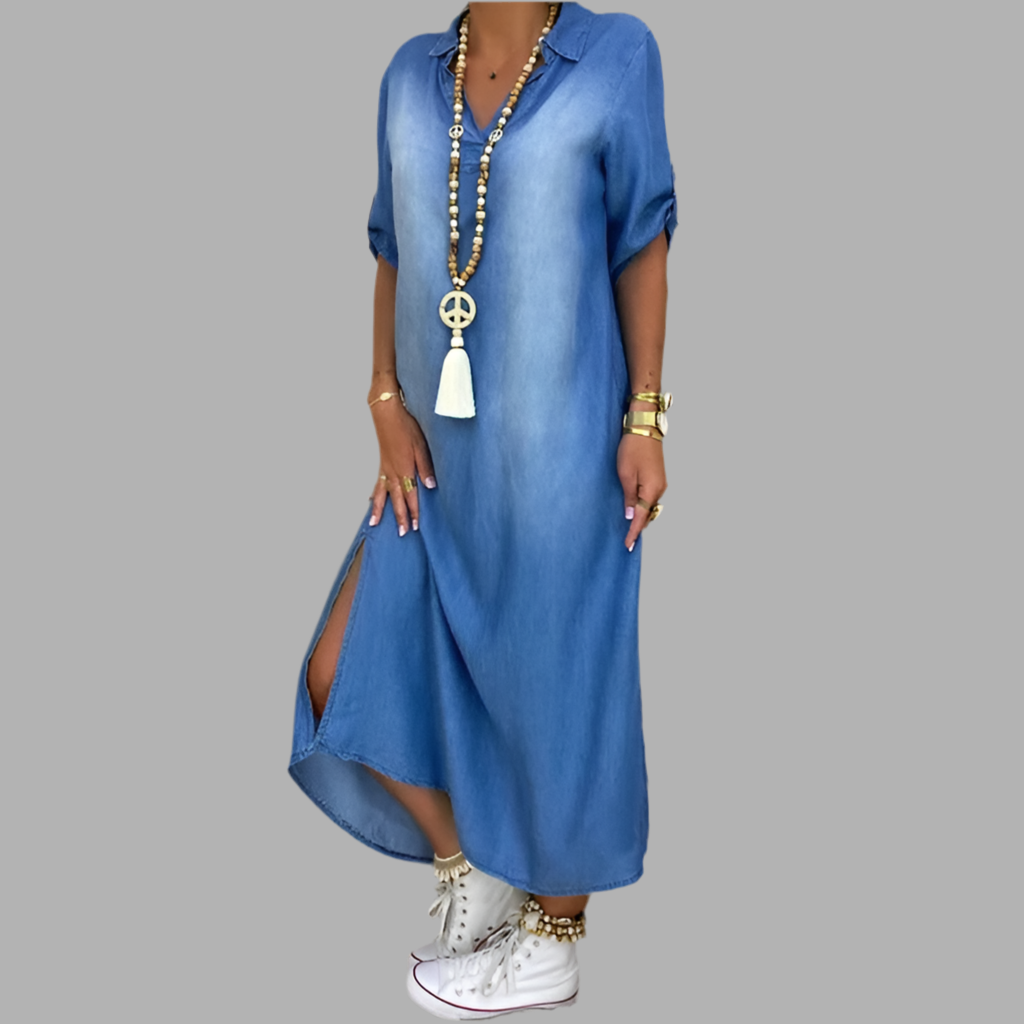 Elva - Lång Jeanslook Klänning med Slits