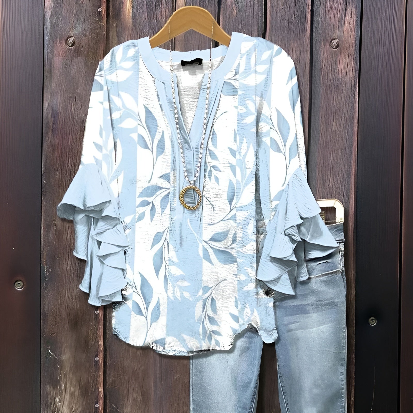 Vireya - Ledig Blus med Bladmotiv