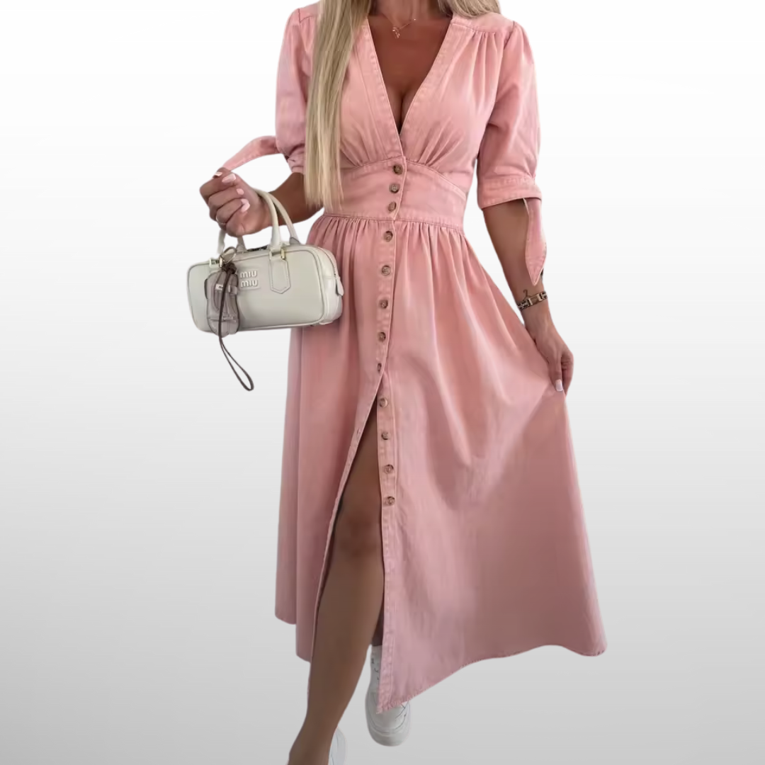 Camille - legant Vintage Jeansklänning med Knappar