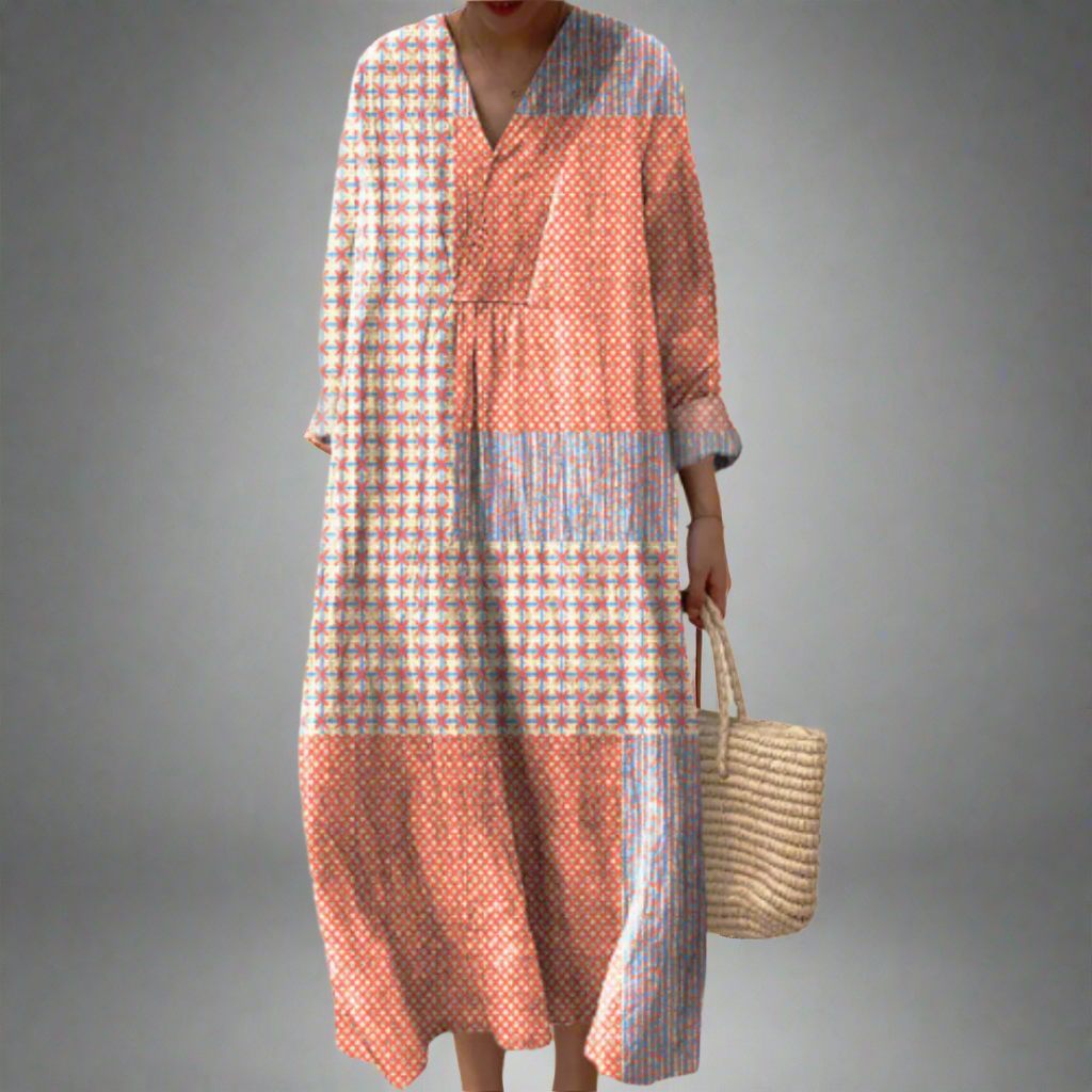 Nora™ | Patchwork-Midiklänning med Korall- och Stjärnmönster